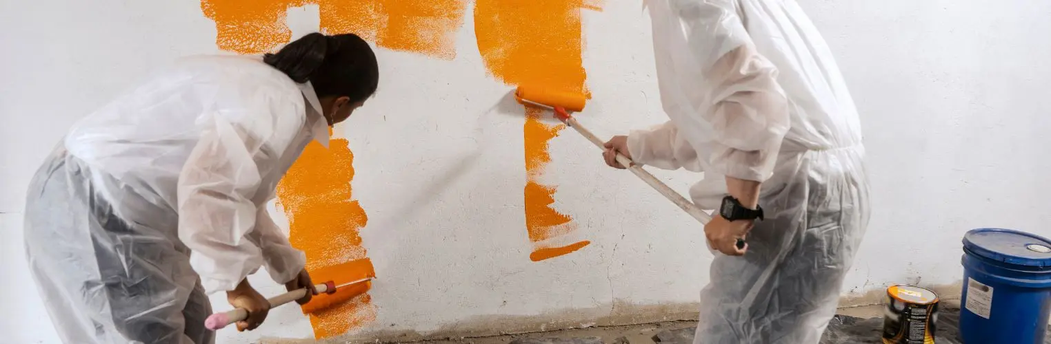 Professional painters in Sarasota applying orange paint on interior wall using rollers and protective suits