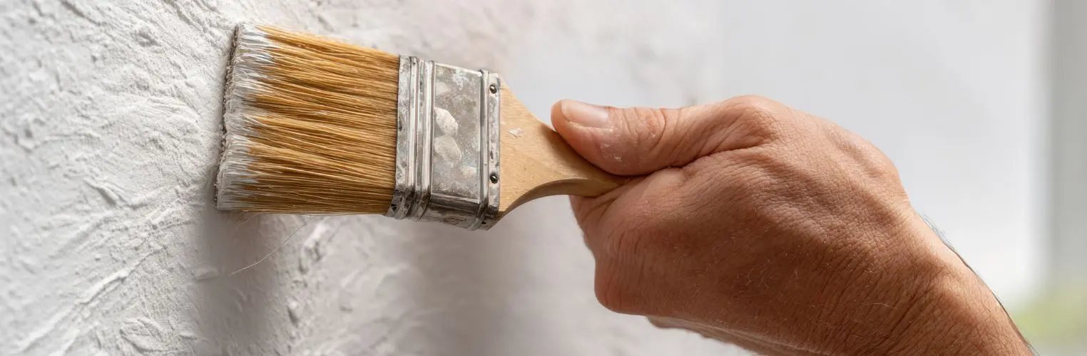 Professional painters in Sarasota applying orange paint on interior wall using rollers and protective suits